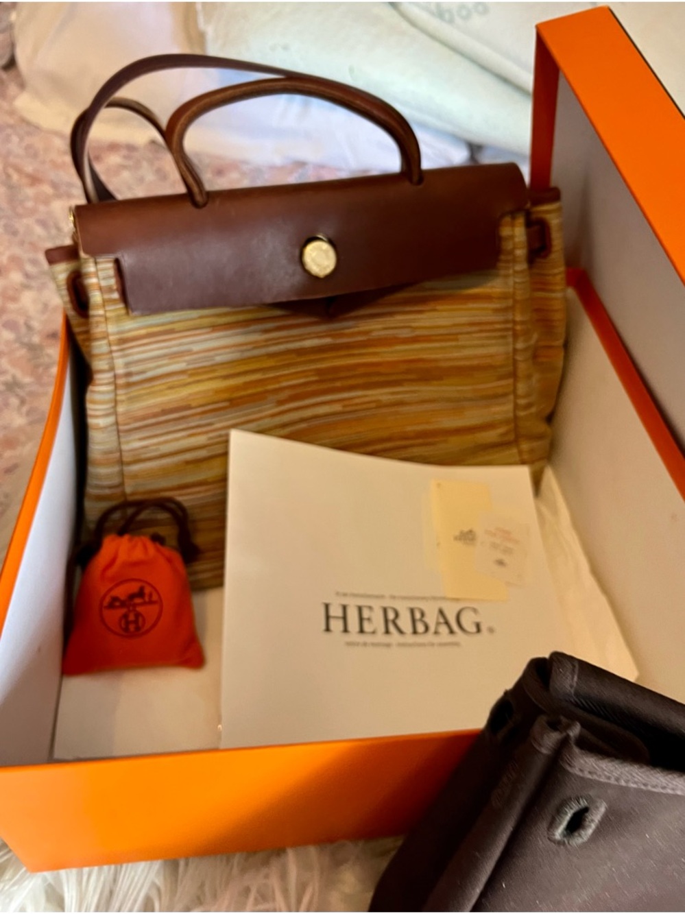 Hermes Multicolor Striped Canvas Herbag with Brown Leather Flap - Full inclusion